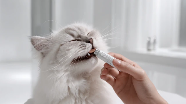 Happy Cat Eating Churu Supplement Hyperrealistic Photo