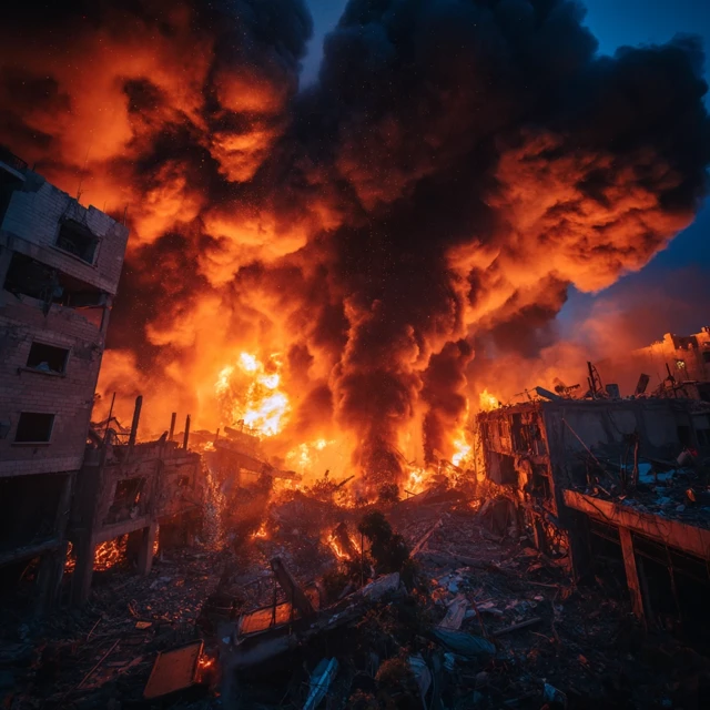 Gaza Fire and Flames at Night Ruined City Photograph
