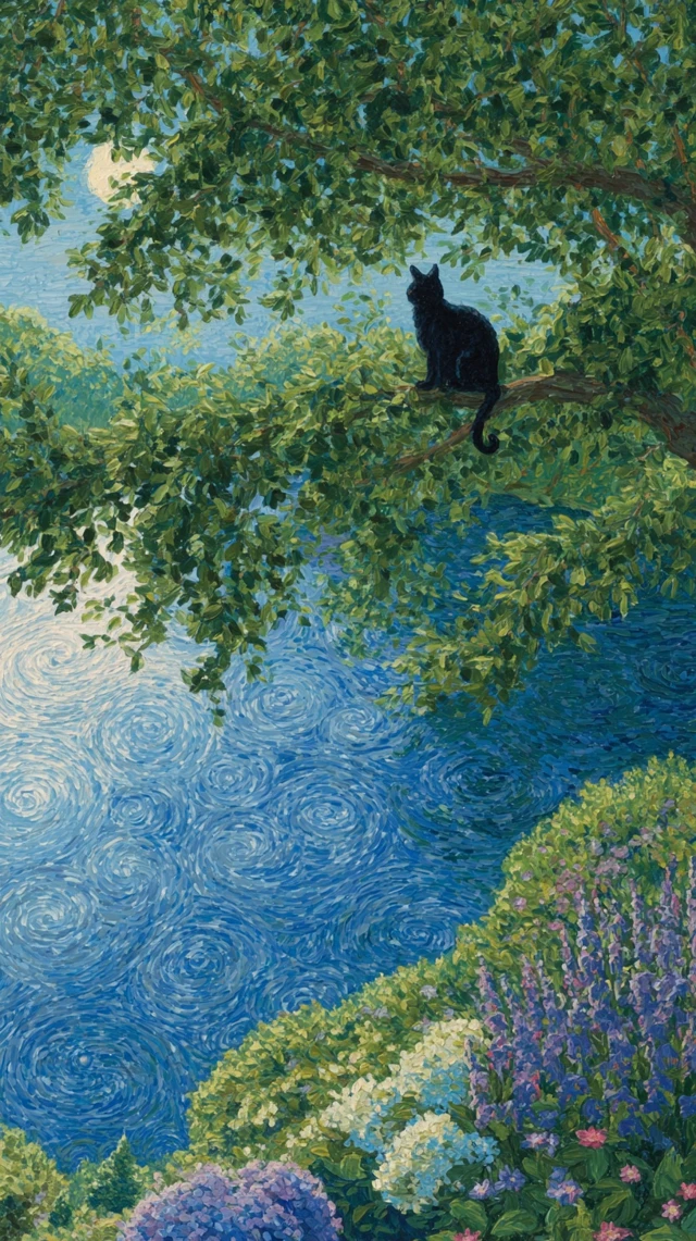 Black Cat in a Tree Dreamy Nature Painting