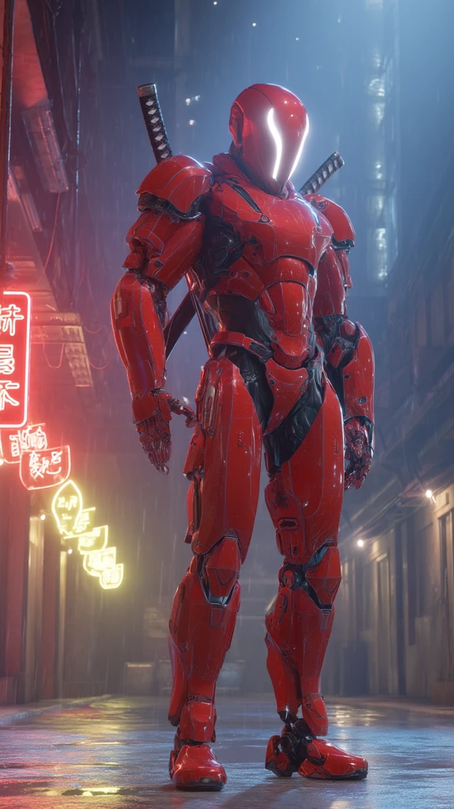 Cyberpunk Ninja Robot in Rain
