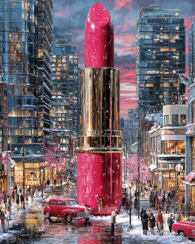Giant Lipstick Cityscape Surreal Urban Fashion