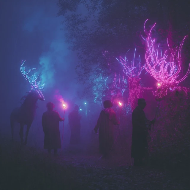 Neon Forest Creatures Foggy Wilderness
