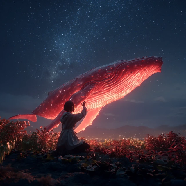 Girl and Whale Dreamscape Night Scene