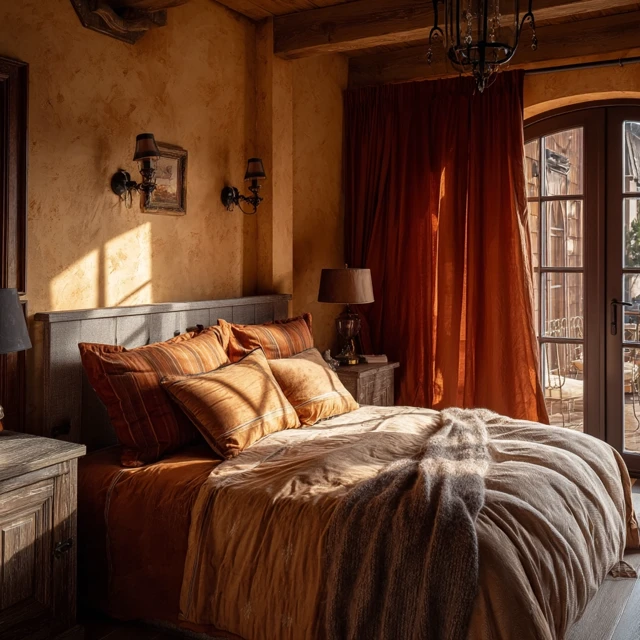 Cozy Bedroom Interior with Warm Colors and Wood Texture