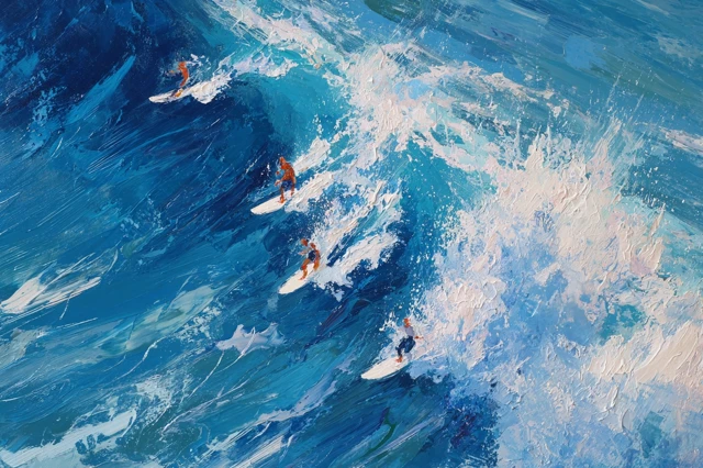 Surfers Riding Waves Abstract Ocean Painting