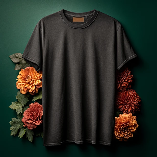 Black TShirt Mockup with Flowers and Velvet Green Background