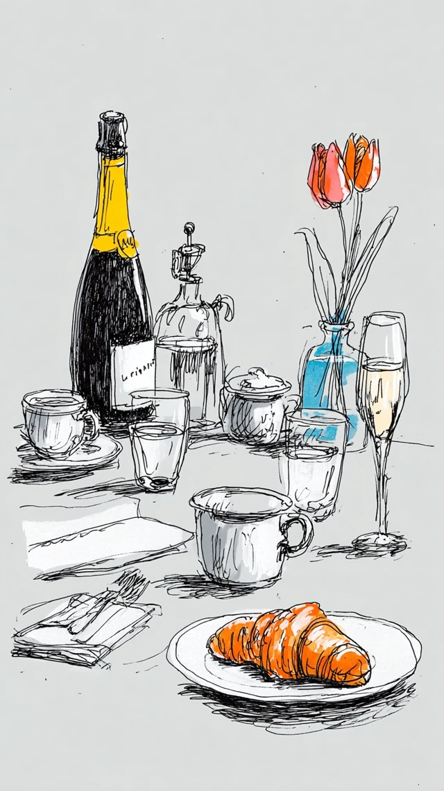 Brunch Table Illustration Champagne Croissant Tulips