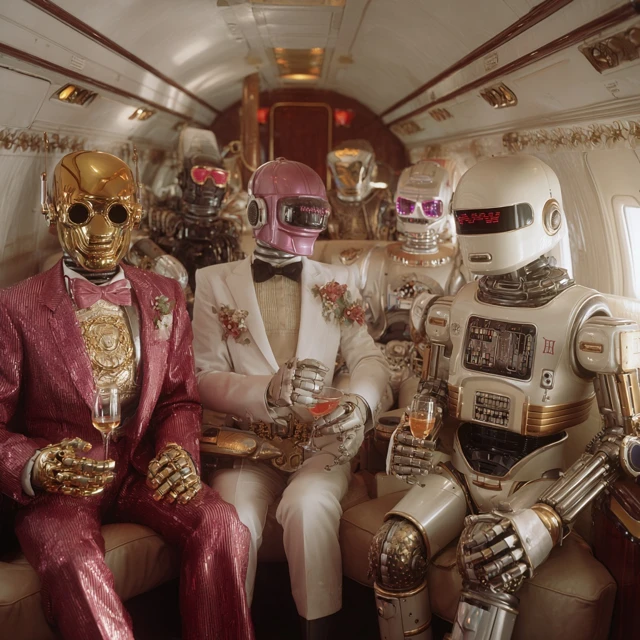 Robots Partying in a 1980s Private Jet