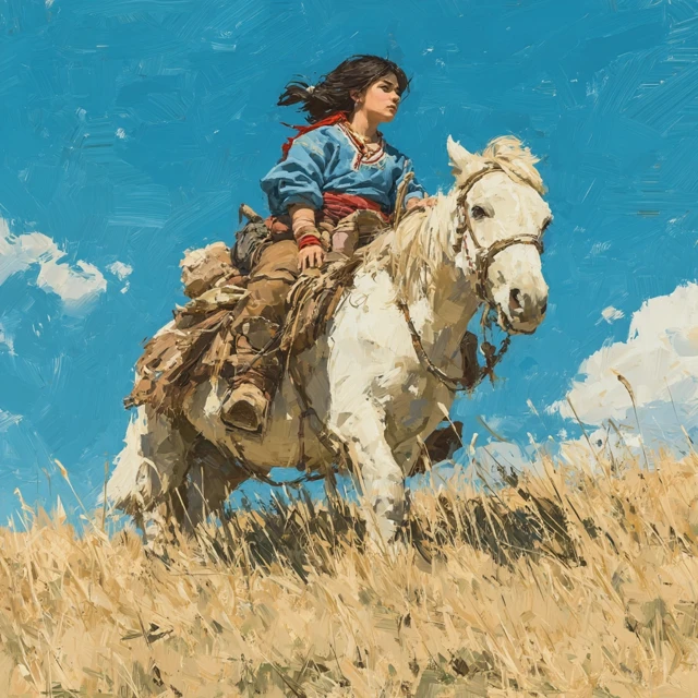 Mongolian Girl Riding Horse Oil Painting