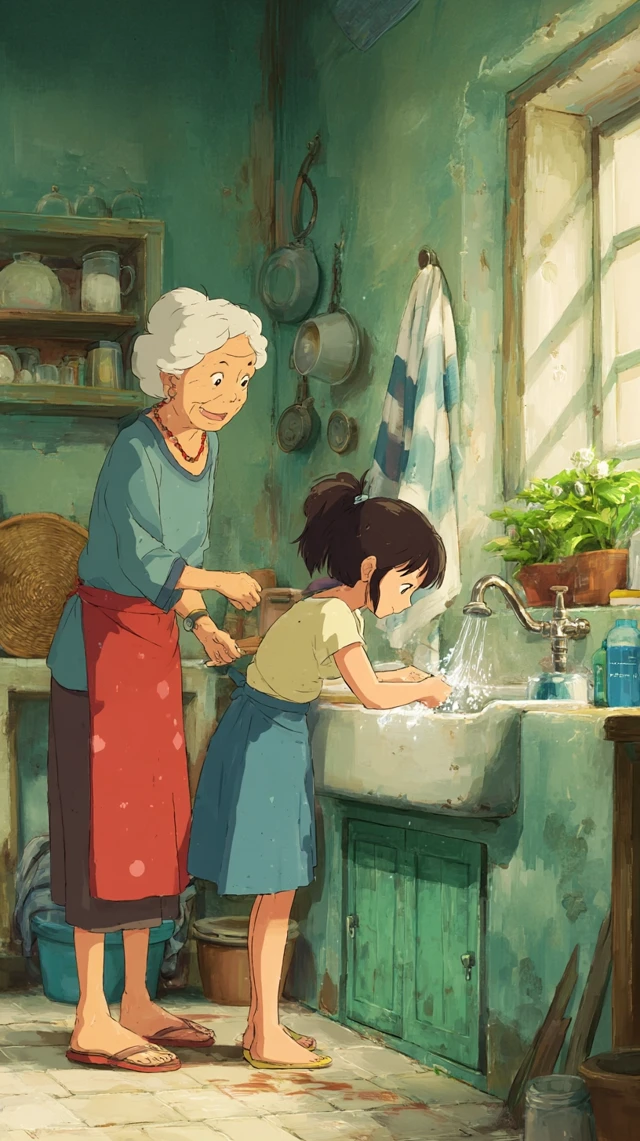 Ghibli Girl Washing Hands With Grandma