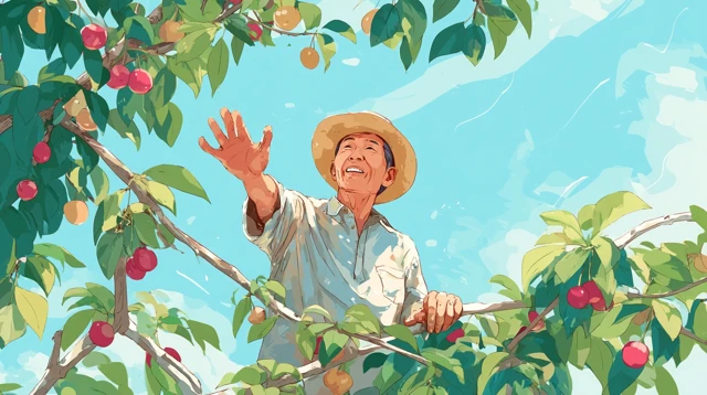 Cheerful Asian Man in Orchard Vector Illustration