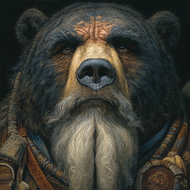 Barbarian Warrior and Bear Oil Painting
