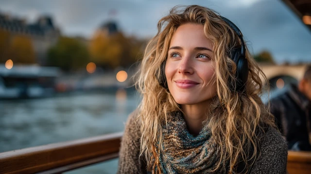Parisian Woman Listening to Music by the Seine River