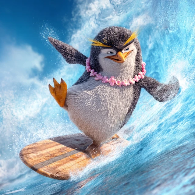 Surfing Penguin on a Wave 3D Animation