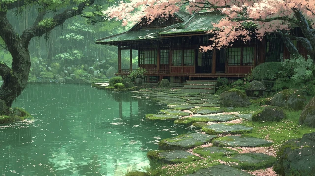 Kyoto Temple Garden in Spring Rain Makoto Shinkai Style