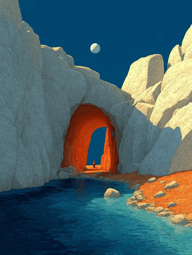 Cave Illustration with Moon and Water Art by Arsenault