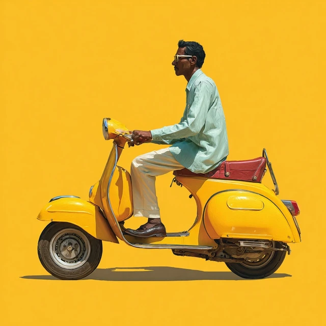 Indian Man on Yellow Scooter Vintage 1980s Style