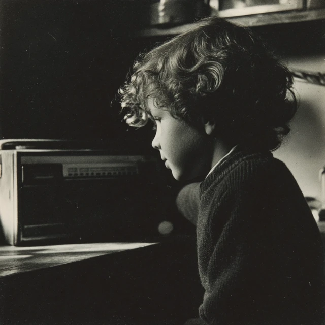 Boy with Radio Black and White Photo