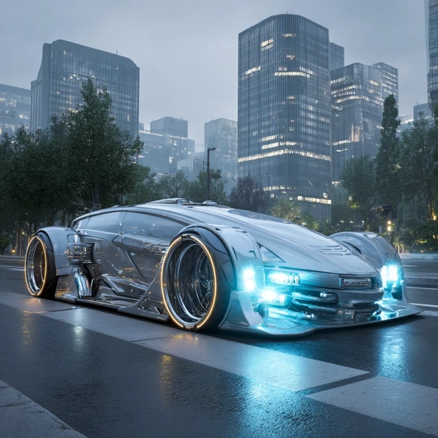 Futuristic Silver Car Concept in Urban Cityscape