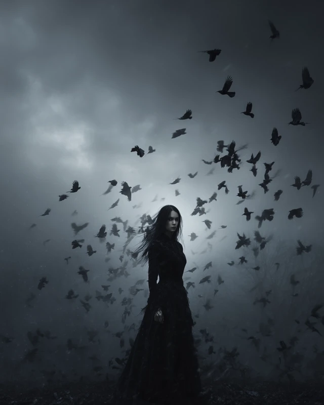 Woman in Black Dress and Birds Fantasy Art