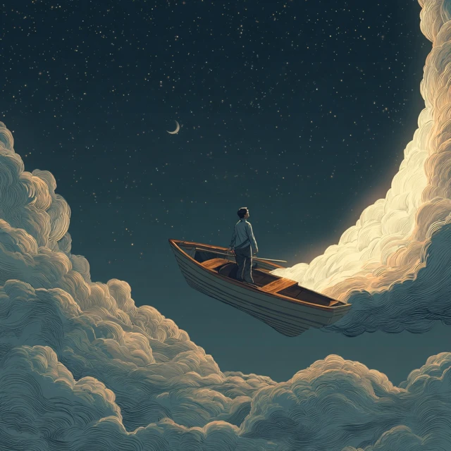 Man Flies in Night Sky on Boat Adventure