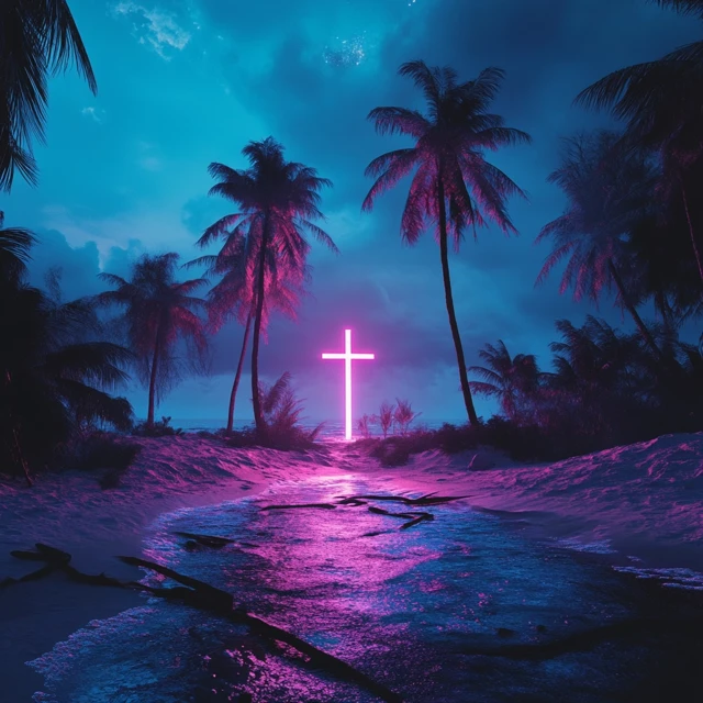 Electrified Beach with a Cross Ultra Realistic 8k Image