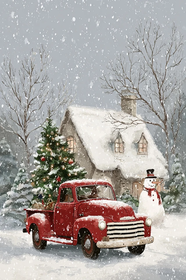 Vintage Red Truck Christmas Scene