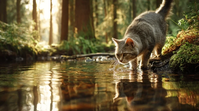 Cat at Riverside Peaceful Forest Scene