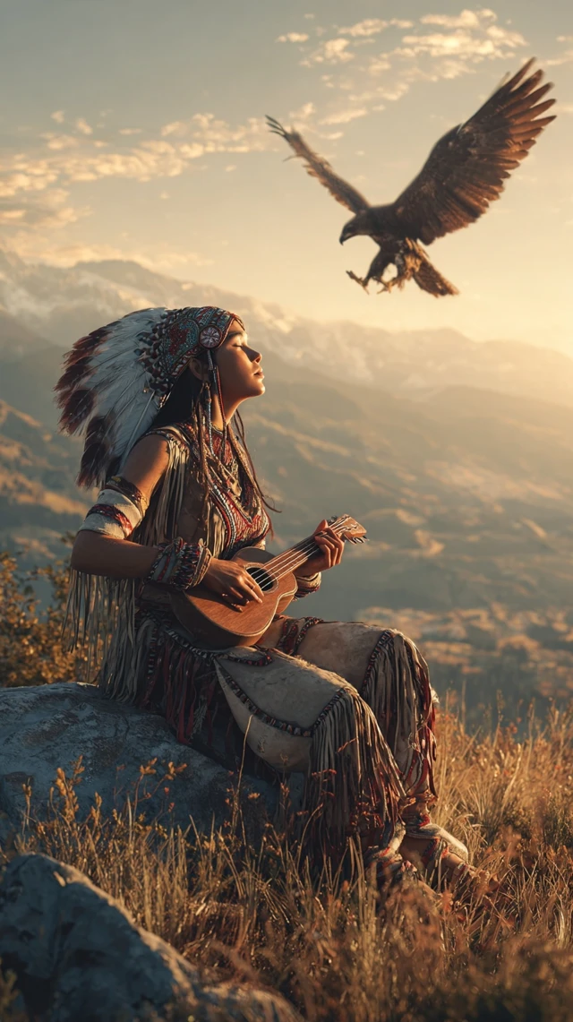 Native American Woman Playing Music With Eagle