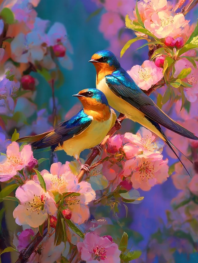 Romantic Bird Painting Swallows on Blossoms