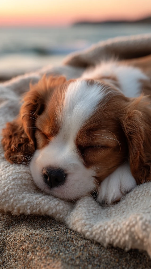 Sleeping Cavalier King Charles Spaniel Puppy on Beach