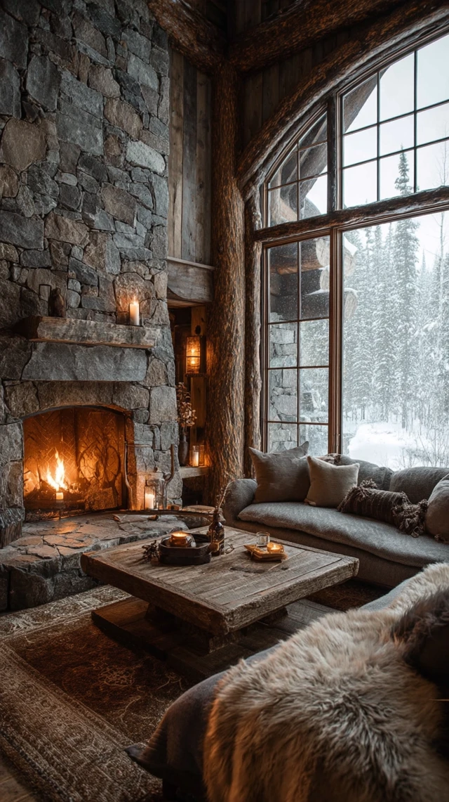 Cozy Winter Log Cabin Living Room Fireplace Snow