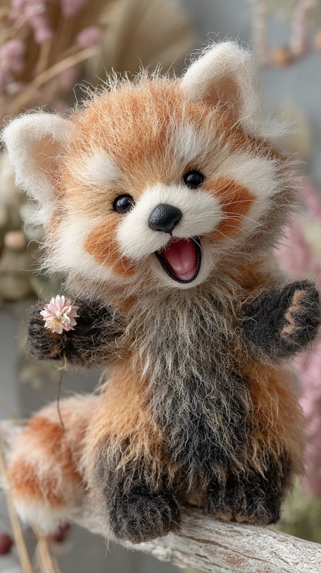 Cute Baby Red Panda Yawning in a Pastel Garden
