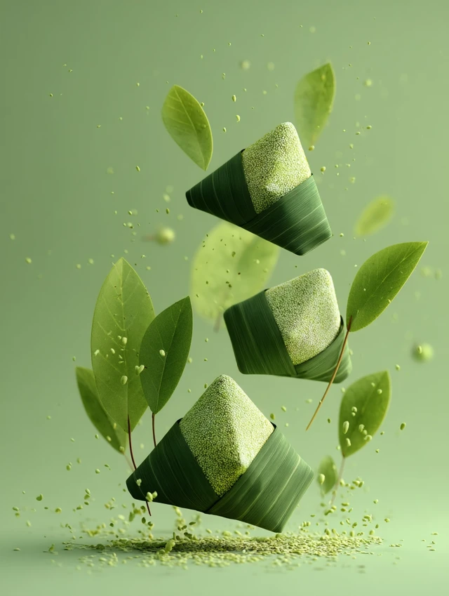 Floating Zongzi with Bamboo Leaves 3D Render