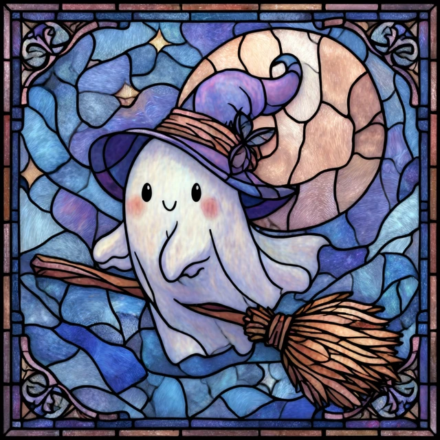 Cute Ghost Witch Stained Glass Art