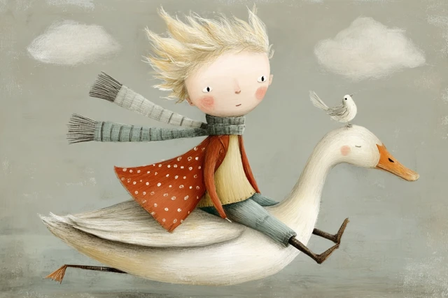 Charming Boy Riding Goose Little Prince Vibe Painting
