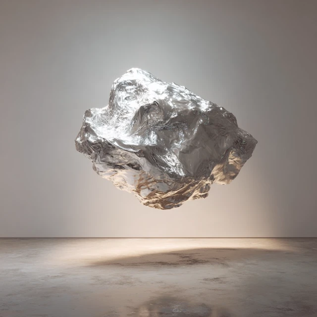 Floating Metallic Blob in Gallery Space Hyper Realistic Photo