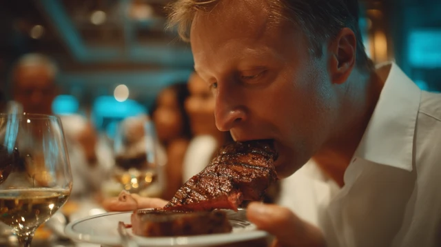 Man Enjoying Steak Fine Dining on Cruise Ship