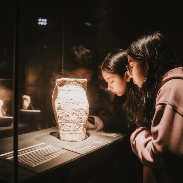 Museum Scene Two Asian Girls Observing Art