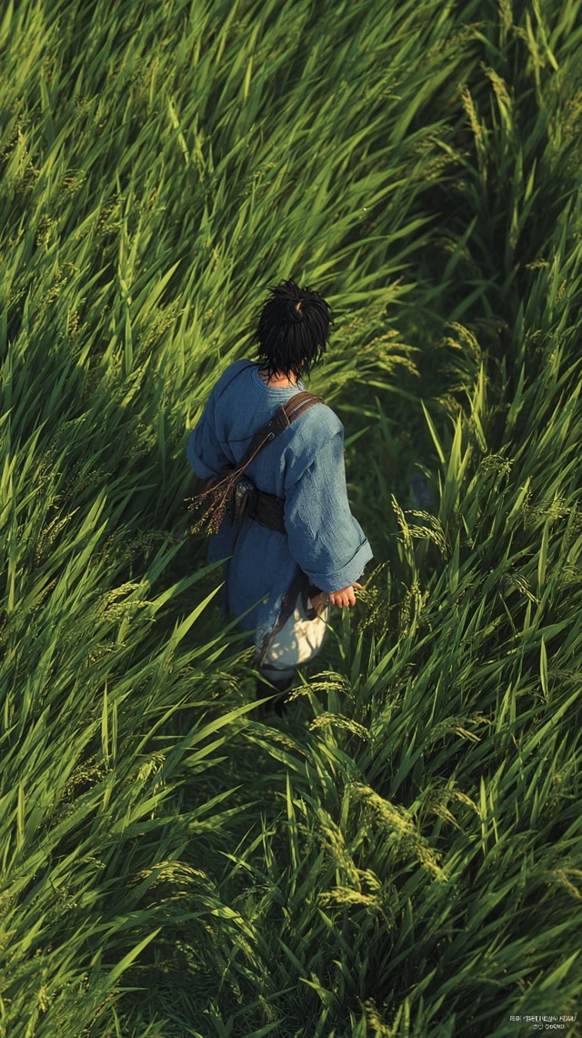 Ancient Farmer Strolling Rice Field 3D Illustration