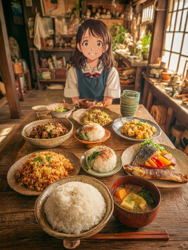 Anime Girl with Rice Dishes Cozy Japanese Scene