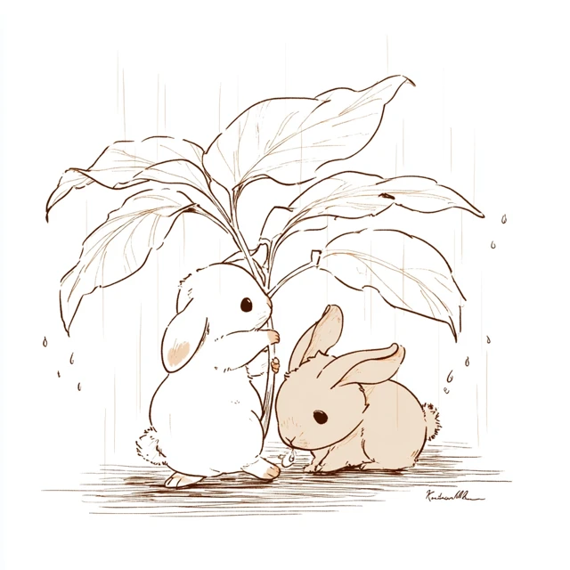 Bunny Shelter Rainy Day Illustration