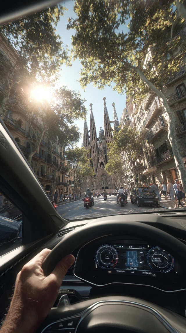 Barcelona Drive View Sagrada Familia Modern Car