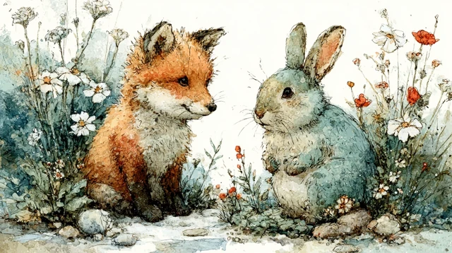 Fox and Rabbit Playtime Watercolor Illustration