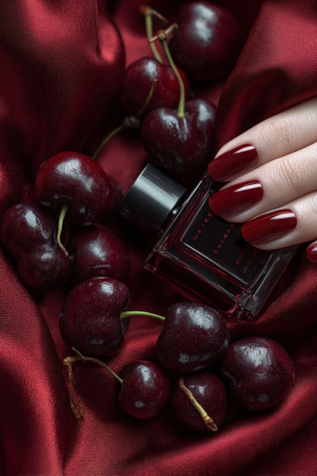 Cherry Flatlay Dark Cherries Satin Fabric Red Nails