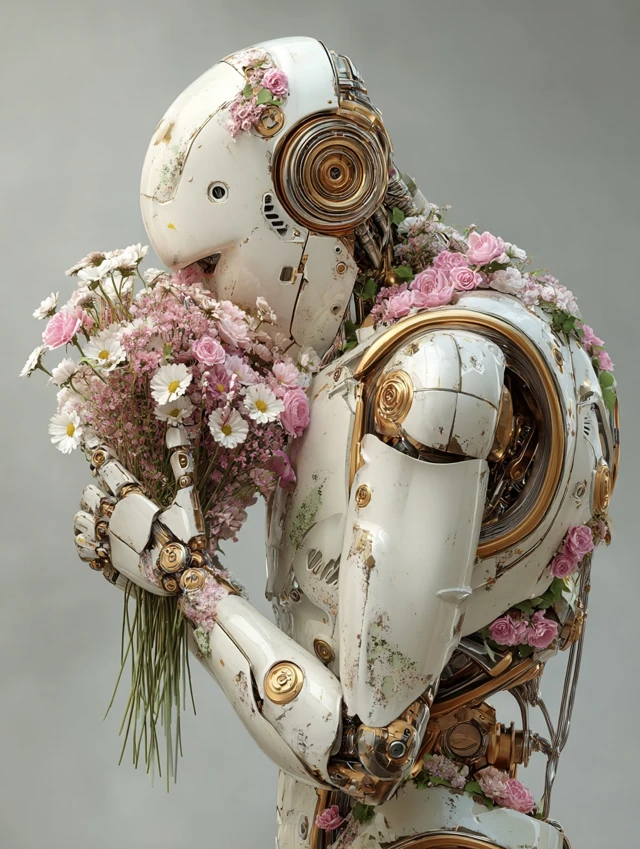 Robot with Flowers A Beautiful Futuristic Image