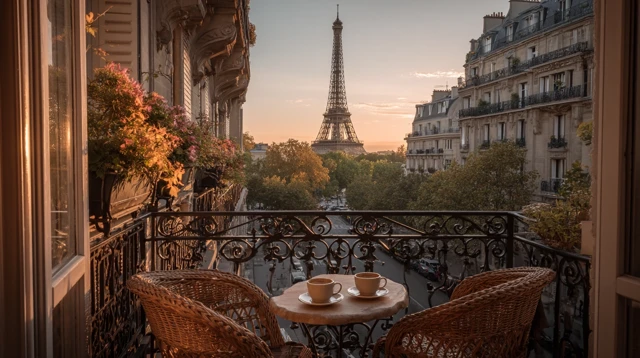 Paris Balcony View Eiffel Tower Sunrise Coffee