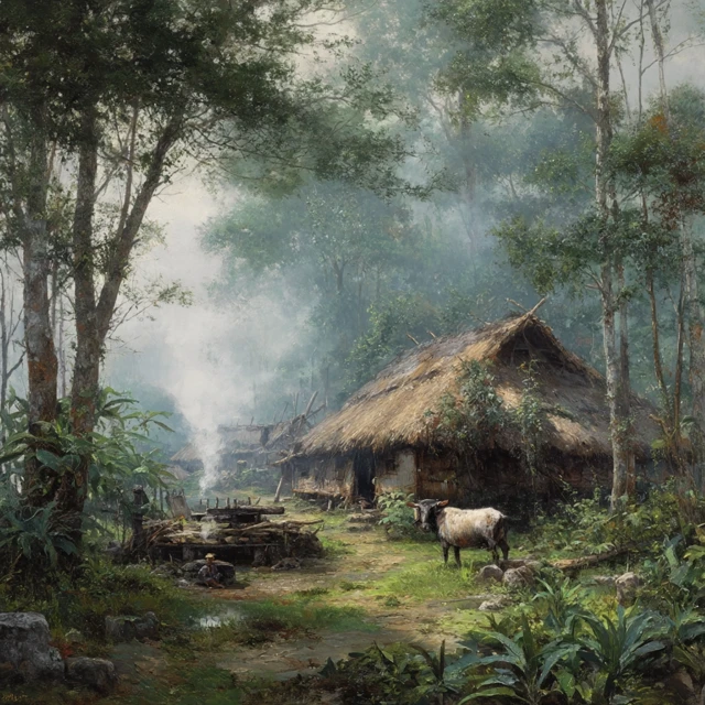 Tribal Gathering Around a Fireplace Forest Scene