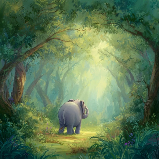 Elephant in the Woods Cartoon Illustration