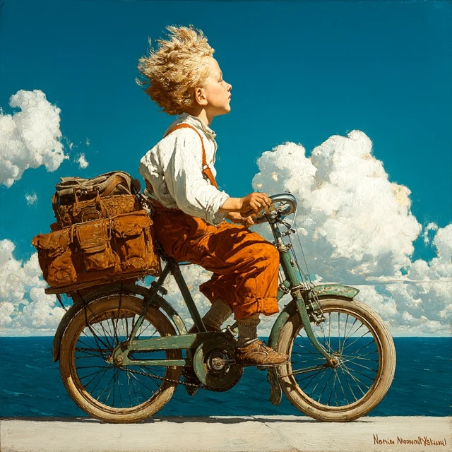 Boy Riding Bike Painting in the Style of Norman Rockwell